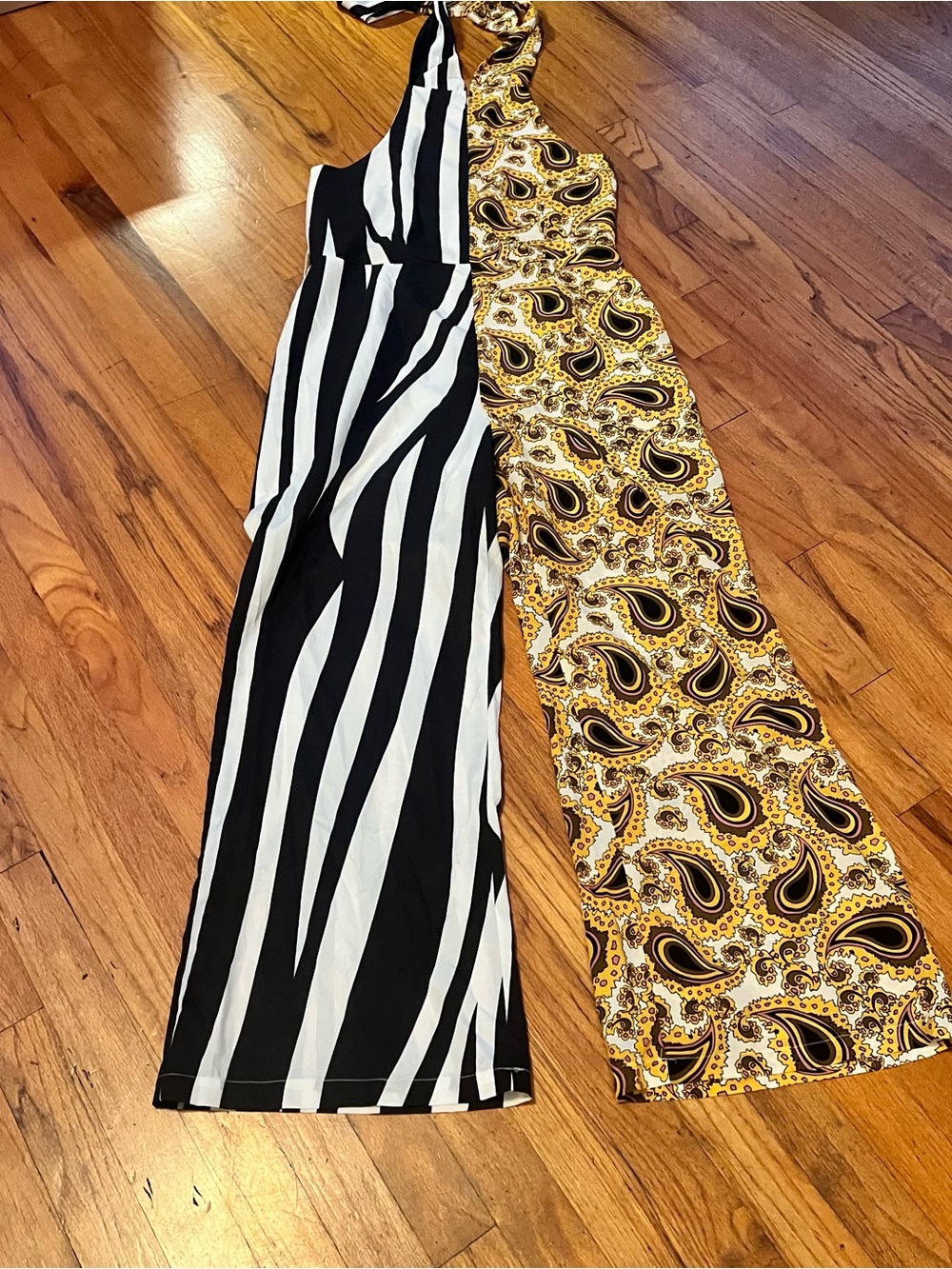 Black & White Stripe and Yellow Paisley Wide-Leg Jumpsuit
